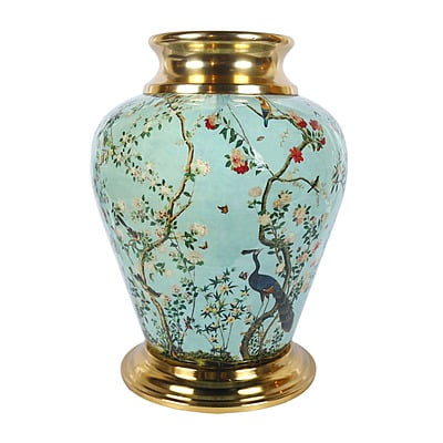 Metal Vase with Fresh Floral Theme: Cheerful Chirping Birds and Blooming Flowers