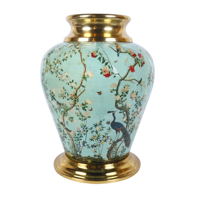 Metal Vase with Fresh Floral Theme: Cheerful Chirping Birds and Blooming Flowers Metal Vase with Fresh Floral Theme: Cheerful Chirping Birds and Blooming Flowers